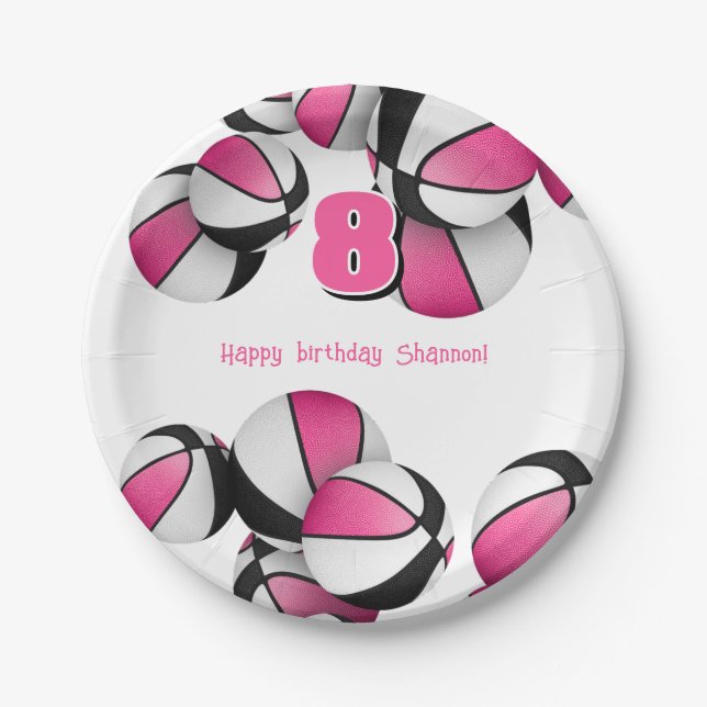 pink black basketballs girls birthday party paper plate (Front)