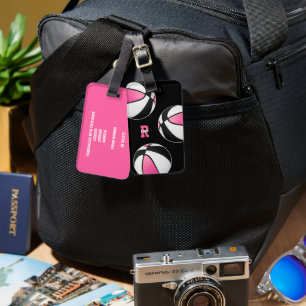pink black basketballs young athlete monogram luggage tag