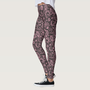 Pink black batik boho style floral paisley pattern leggings