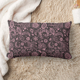 Pink black batik boho style floral paisley pattern lumbar cushion