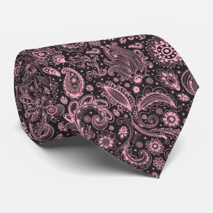 Pink black batik boho style floral paisley pattern tie