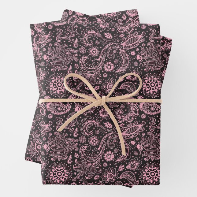 Pink black batik boho style floral paisley pattern wrapping paper sheet (In situ)