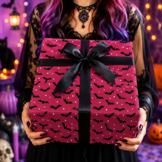 Pink & Black Bats Halloween Pattern Wrapping Paper (Creator Uploaded)