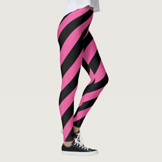 Pink Black Big Diagonal Stripe Pattern Leggings (Right)