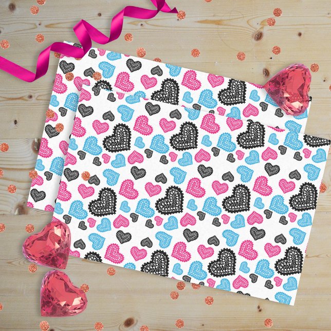 Pink Black Blue Lace Hearts On White Valentine's Tissue Paper (Creator Uploaded)