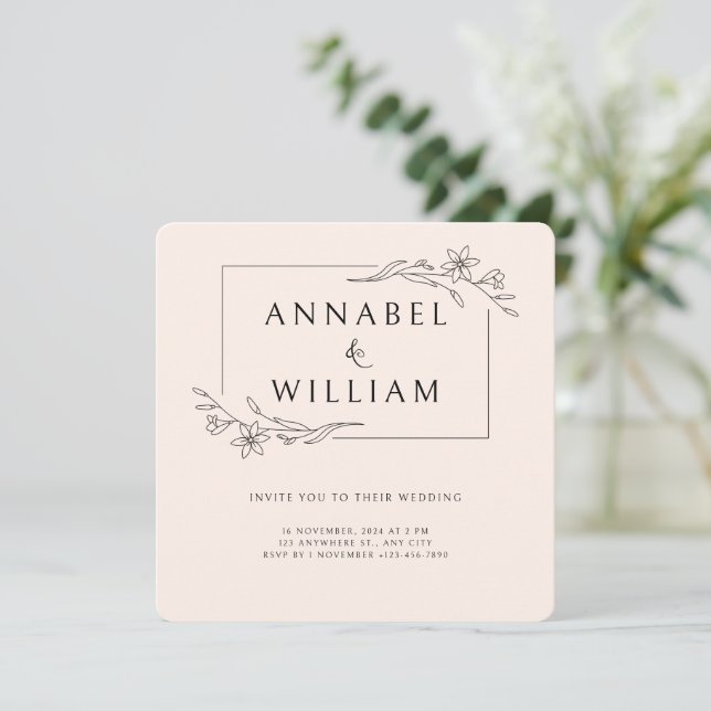 Pink Black Boho Floral Frame Wedding Invitation (Standing Front)