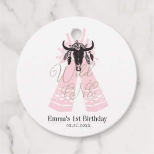 Pink & Black Boho Wild ONE Girls Birthday Party Favour Tags