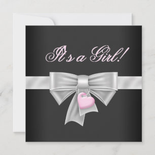 Pink Black Bow Heart Pink Black Baby Shower Invitation