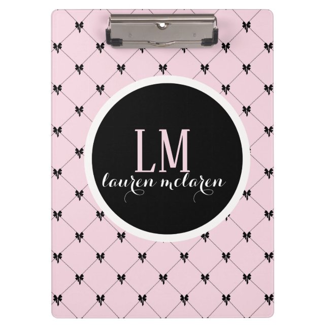 Pink & Black Bow Monogram Notebook Clipboard (Front)