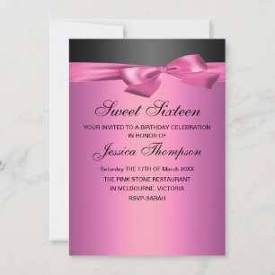 Pink & Black Bow Sweet 16 Birthday Invitation