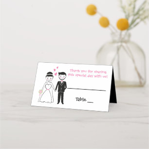 Pink Black Bride Groom Cartoon Wedding Party Place Card