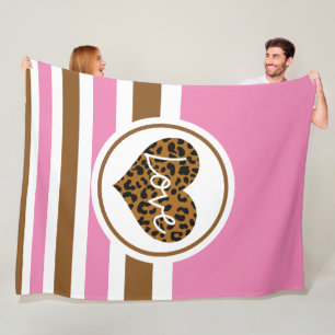 Pink, Black & Brown Animal Print Love Heart Fleece Blanket