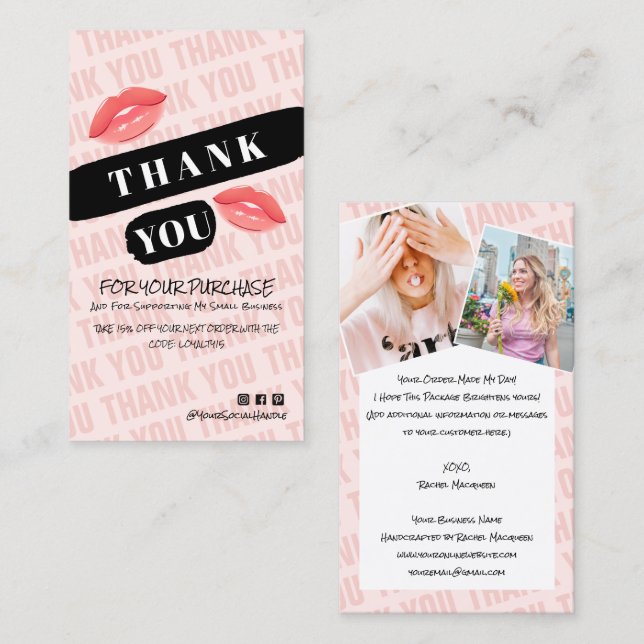 Pink Black Brushstroke Kiss Photo Order Thank You Business Card (Front/Back)
