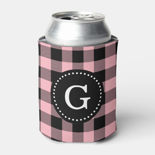 Pink Black Buffalo Check Plaid 1I Monogram Can Cooler (Can Front)