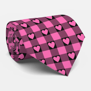 Pink Black Buffalo Heart Plaid Neck Tie