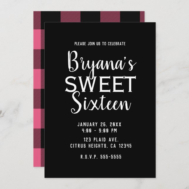Pink & Black Buffalo Plaid Sweet 16 Birthday Party Invitation (Front/Back)