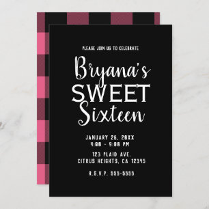 Pink & Black Buffalo Plaid Sweet 16 Birthday Party Invitation
