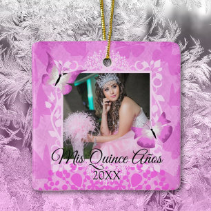 Pink, Black Butterflies Quinceanera Photo Ceramic Ornament