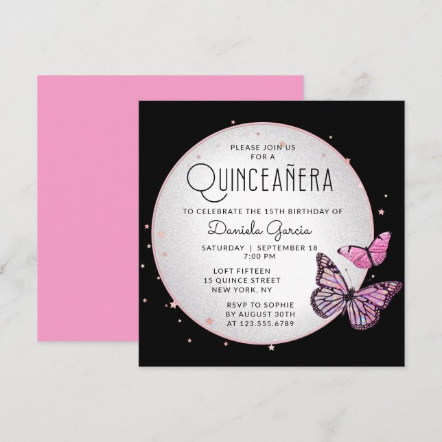 Pink Black Butterflies Stars Modern Quinceañera Invitation (Front/Back)