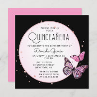 Pink Black Butterflies Stars Modern Quinceañera