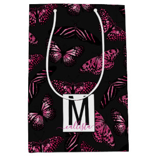 Pink Black Butterflies Watercolor Pattern Monogram Medium Gift Bag