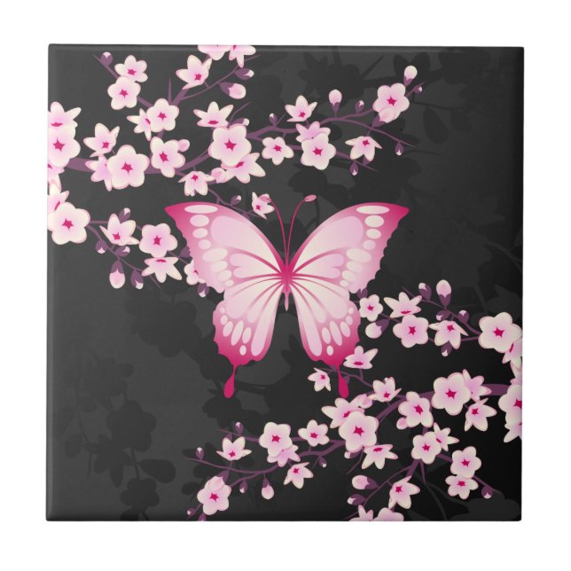Pink Black Butterfly And Cherry Blossoms Tile (Front)