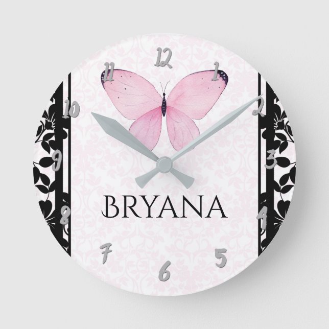 Pink & Black Butterfly Nursery Room Personalised Round Clock (Front)