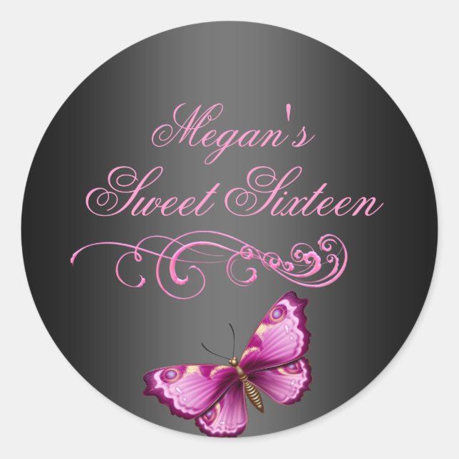 Pink/Black Butterfly Sweet 16 Envelope Sticker (Front)