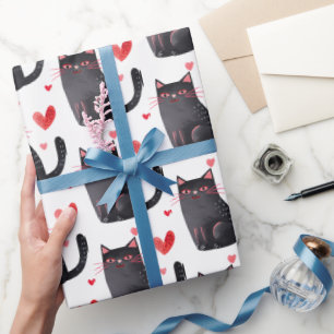 Pink Black Cats Hearts Birthday Wrapping Paper