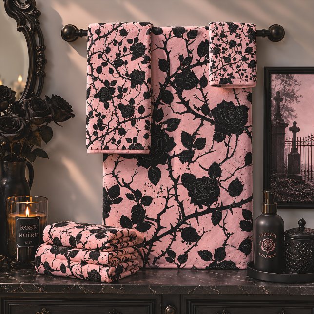 Pink & Black Cemetery Roses Gothic Bath Towel Set (Creator Uploaded)