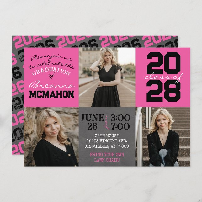 Pink & Black Chalkboard 3 Photo Graduation Invitation (Creator Uploaded)