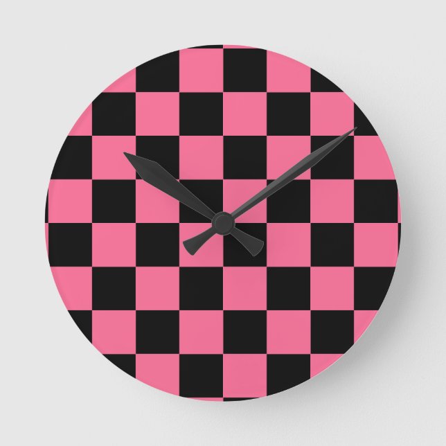 Pink Black Chequered Check Pattern Round Clock (Front)