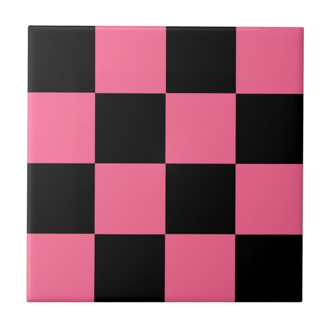 Pink Black Chequered Check Pattern Tile (Front)