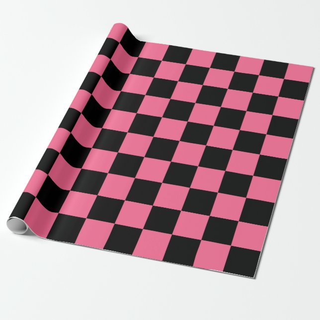 Pink Black Chequered Check Pattern Wrapping Paper (Unrolled)