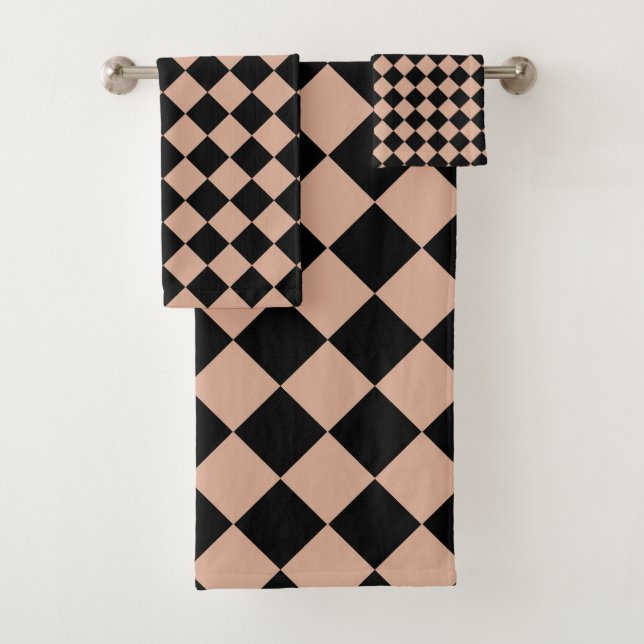 Pink Black Chequered Diamond Pattern  Bath Towel Set (Insitu)