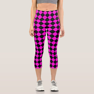 Pink Black Chequered Diamond Pattern Capri Leggings