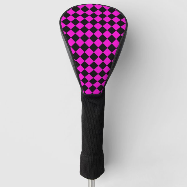 Pink Black Chequered Diamond Pattern Golf Head Cover (Front)