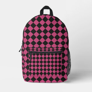 Pink Black Chequered Diamond Pattern Printed Backpack