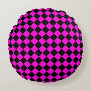 Pink Black Chequered Diamond Pattern Round Cushion