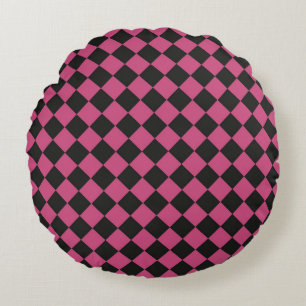 Pink Black Chequered Diamond Pattern Round Cushion