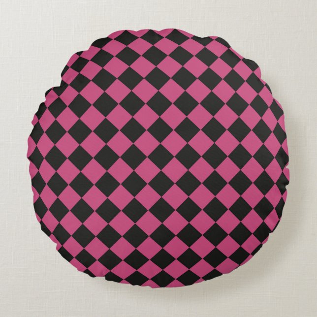 Pink Black Chequered Diamond Pattern  Round Cushion (Front)
