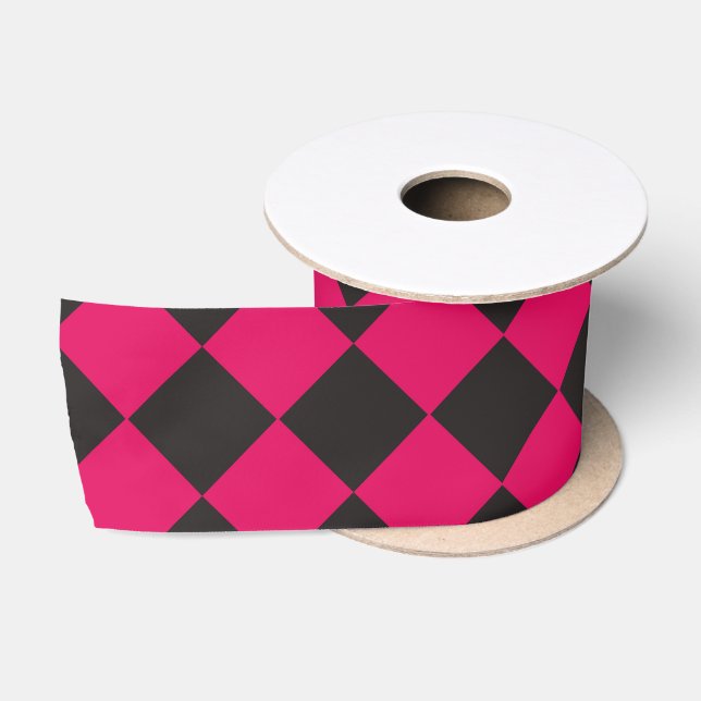 Pink Black Chequered Diamond Pattern Satin Ribbon (Spool)