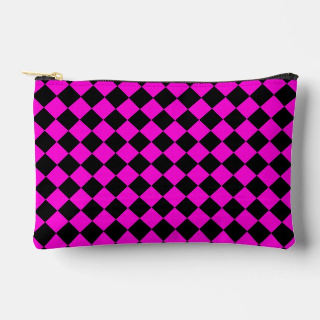 Pink Black Chequered Diamond Pattern Small Accessory Pouch (Front)