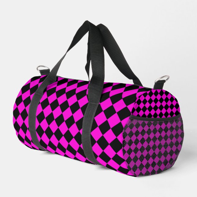 Pink Black Chequered Diamond Pattern Small Duffle Bag (Right Corner)