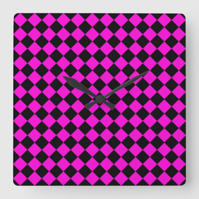 Pink Black Chequered Diamond Pattern Square Wall Clock (Front)