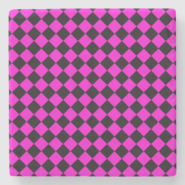 Pink Black Chequered Diamond Pattern Stone Coaster (Front)