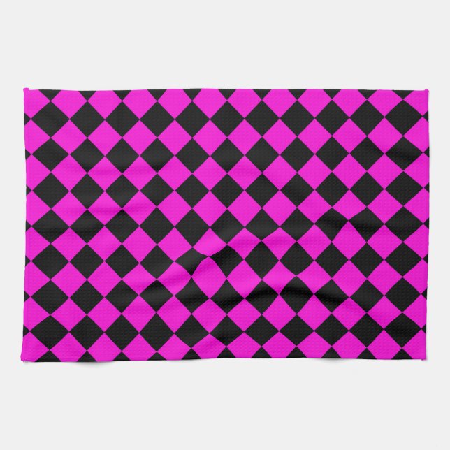 Pink Black Chequered Diamond Pattern  Tea Towel (Horizontal)