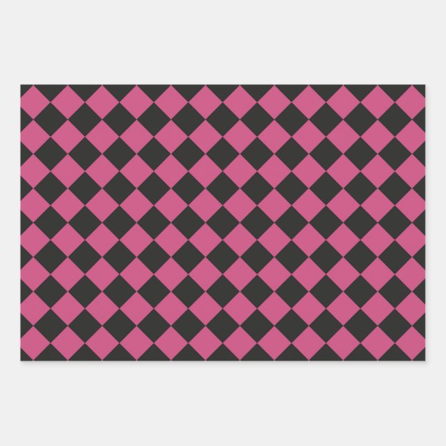 Pink Black Chequered Diamond Pattern Wrapping Paper Sheet (Front)