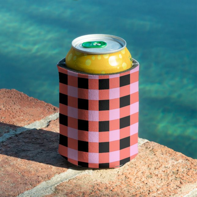 Pink Black Chequered Gingham Pattern Can Cooler (In Situ Pool)