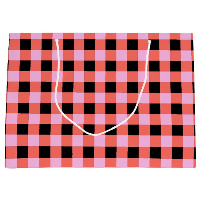 Pink Black Chequered Gingham Pattern Large Gift Bag (Front)